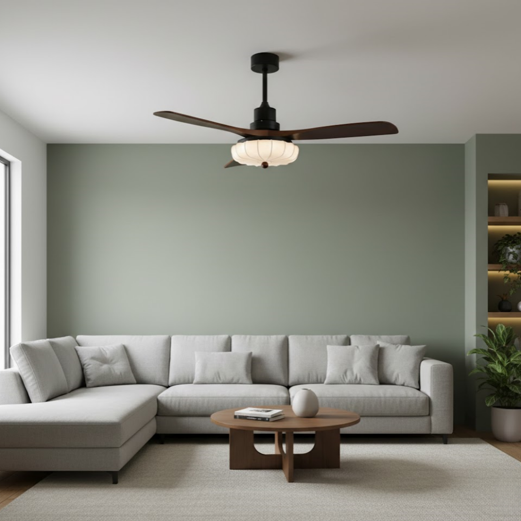 Modern Ceiling Fan Light — Lotus Fabric Shade & Walnut Wood